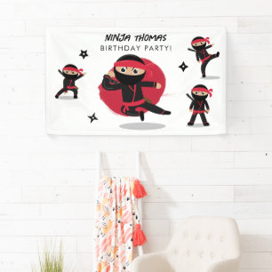 Cute Ninja Warrior Black & Red Kids Birthday Party Banner