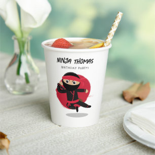 Cute Ninja Warrior Black & Red Kids Birthday Party Paper Cups
