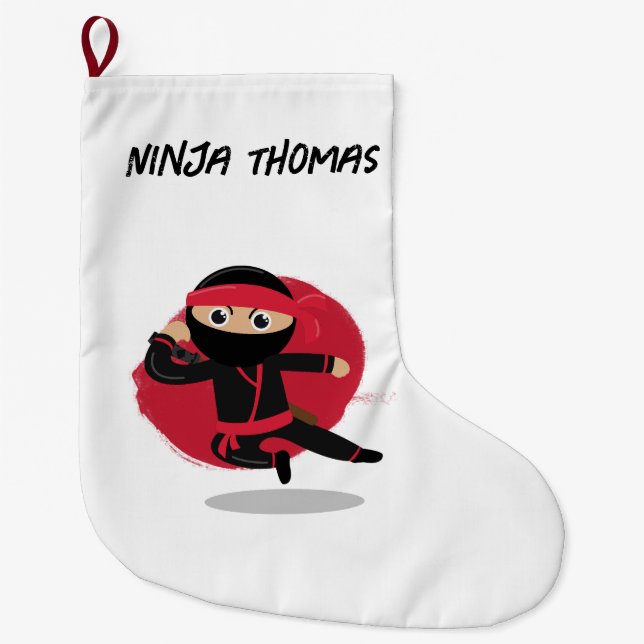 Cute Ninja Warrior Black & Red Kids Custom Name Large Christmas Stocking (Front)