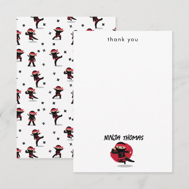 Cute Ninja Warrior Black & Red Kids Custom Name Thank You Card (Front/Back)