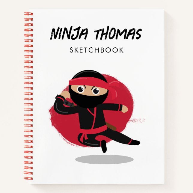 Cute Ninja Warrior Black & Red Kids Sketchbook Notebook (Front)