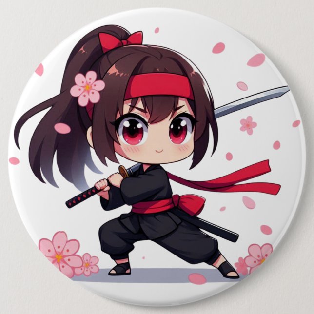 Cute ninja warrior blossom girl 6 inch round button (Front)