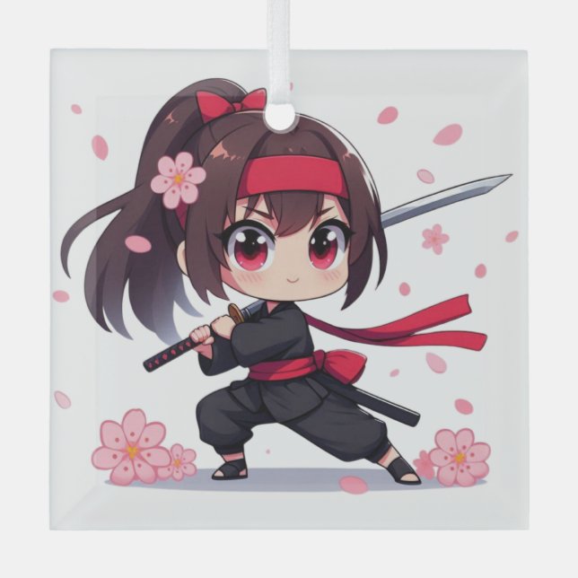Cute ninja warrior blossom girl glass ornament (Front)
