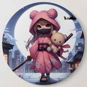 Cute ninja warrior girl & teddy 6 inch round button