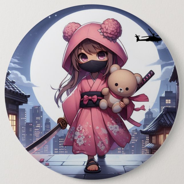 Cute ninja warrior girl & teddy 6 inch round button (Front)