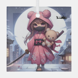 Cute ninja warrior girl & teddy glass ornament