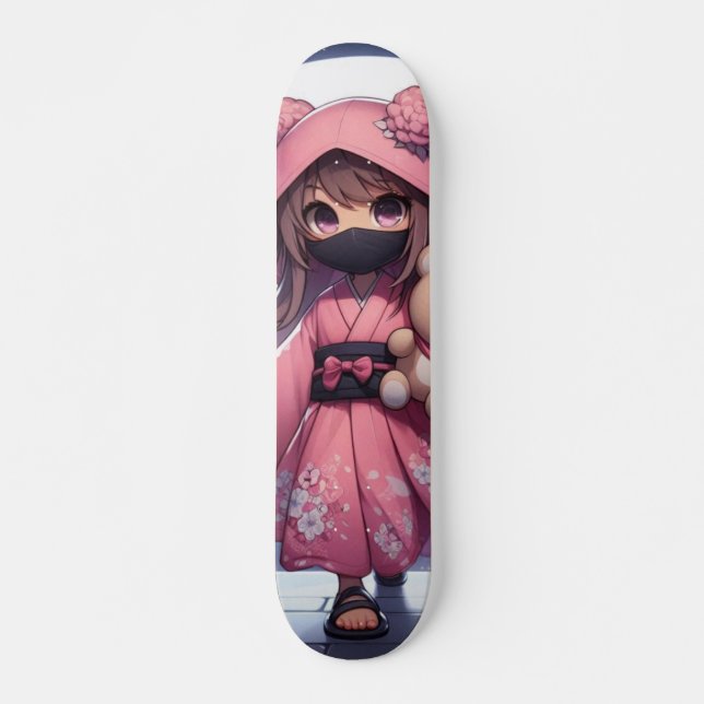Cute ninja warrior girl & teddy skateboard (Front)