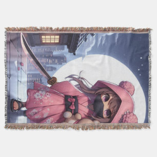 Cute ninja warrior girl & teddy throw blanket