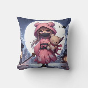 Cute ninja warrior girl & teddy throw pillow