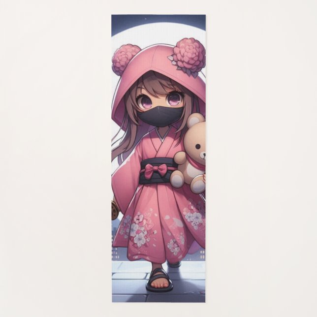 Cute ninja warrior girl & teddy yoga mat (Front)
