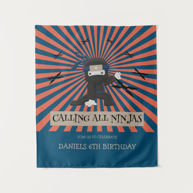 Cute Ninja Warrior Kids Birthday Backdrop Tapestry (Front)