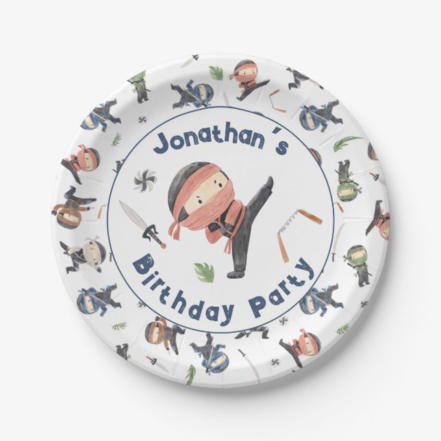 Cute Ninja Warrior Kids Birthday Party Custom Name Paper Plate (Front)