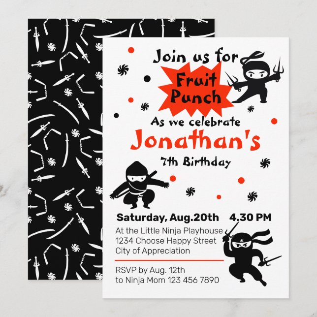 Cute Ninja Warrior Kids Birthday Party  Invitation (Front/Back)