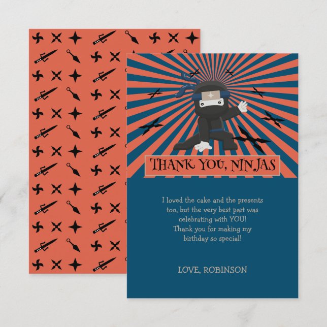 Cute Ninja Warrior Kids Birthday Thank You Card (Front/Back)