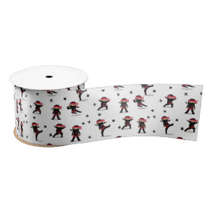 Cute Ninja Warrior Kids Black & Red Pattern Satin Ribbon