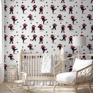 Cute Ninja Warrior Kids Black & Red Pattern Wallpaper