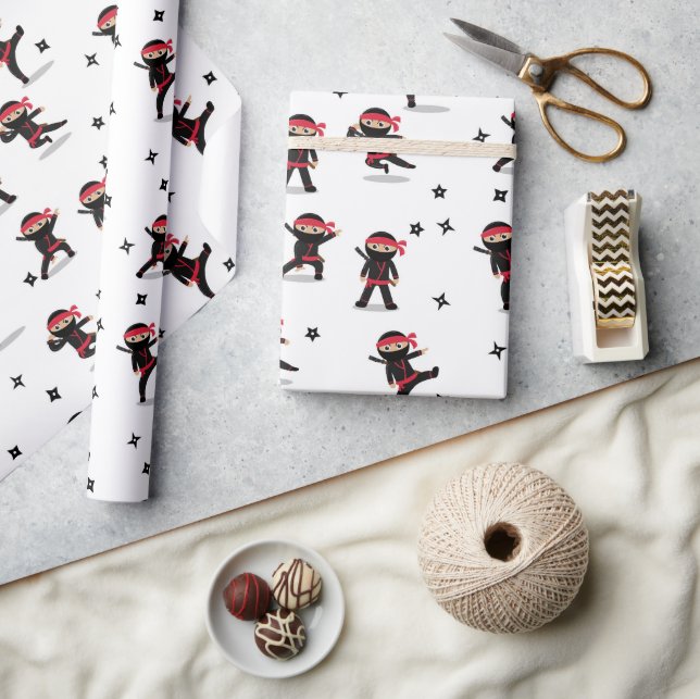 Cute Ninja Warrior Kids Black & Red Pattern Wrapping Paper (Crafts)