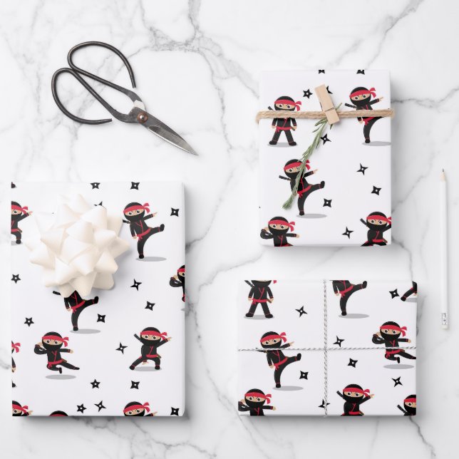 Cute Ninja Warrior Kids Black & Red Pattern Wrapping Paper Sheet (Front)