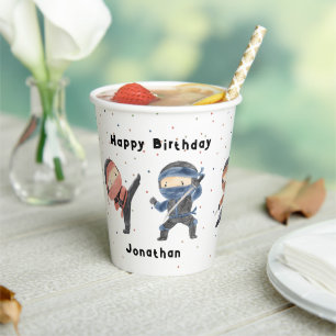 Cute Ninja Warrior Kids Custom Name Birthday Party Paper Cups