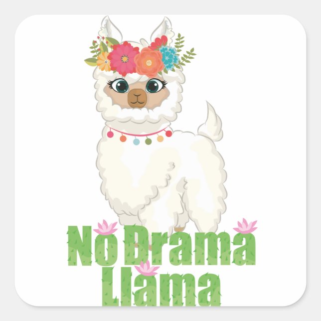 Cute No Drama Llama With Floral Crown Square Sticker (Front)