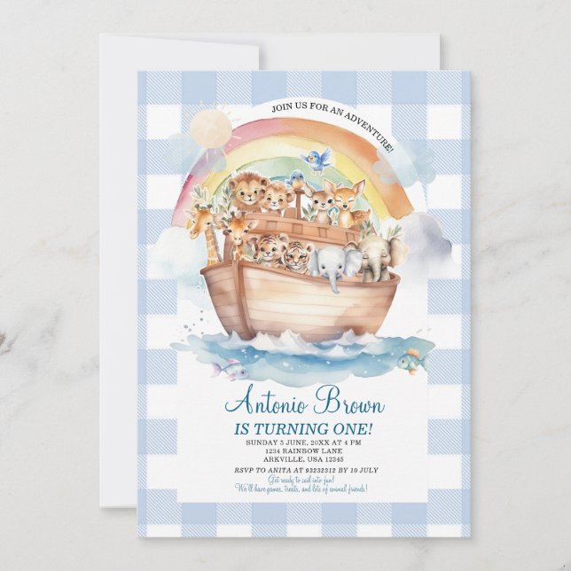 Cute Noah's Ark Blue Gingham First Birthday Invitation (Front)
