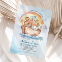 Cute Noah's Ark Blue Watercolor First Birthday