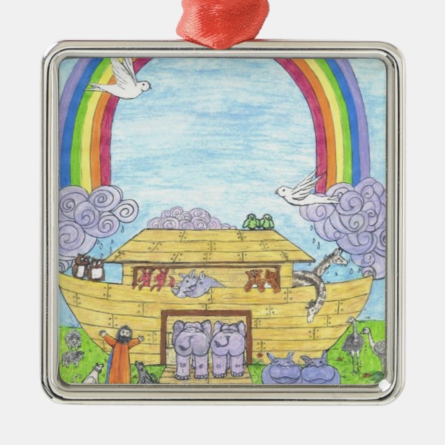 Cute Noah's Ark funny animals colourful rainbow Metal Ornament (Front)