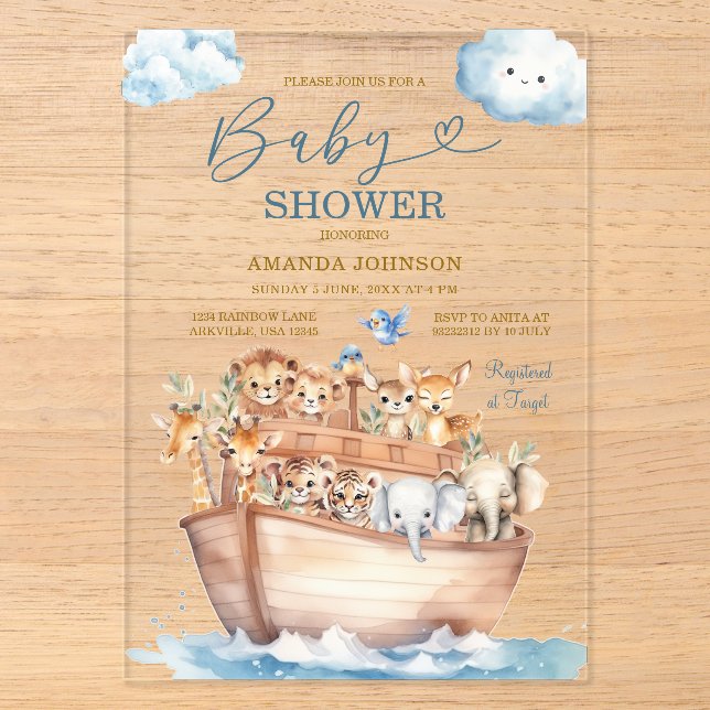 Cute Noah's Ark Gender Neutral Boho Baby Shower Acrylic Invitations (Front)