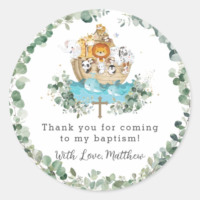 Cute Noah's Ark Greenery Baptism Christening Favou Classic Round Sticker (Front)