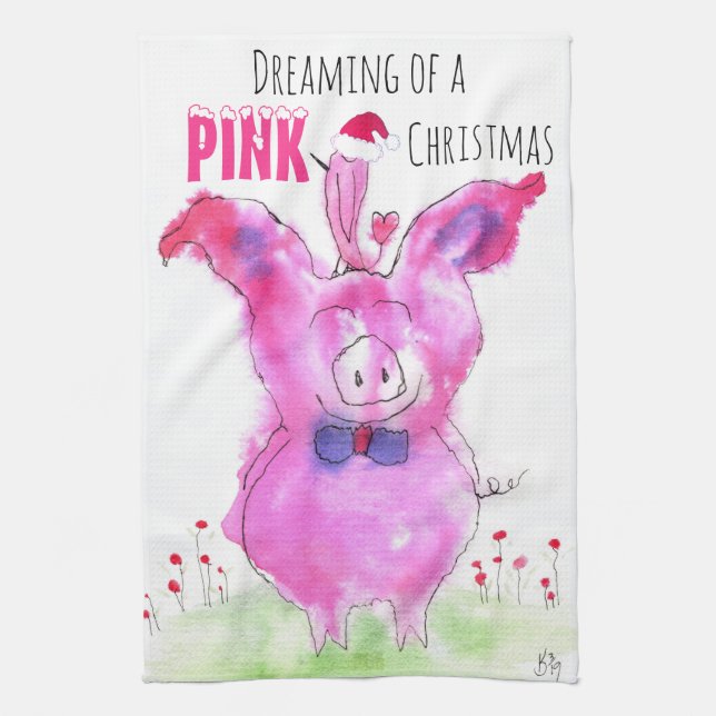 Cute Noël Cochon rose Serviette de cuisine (Vertical)