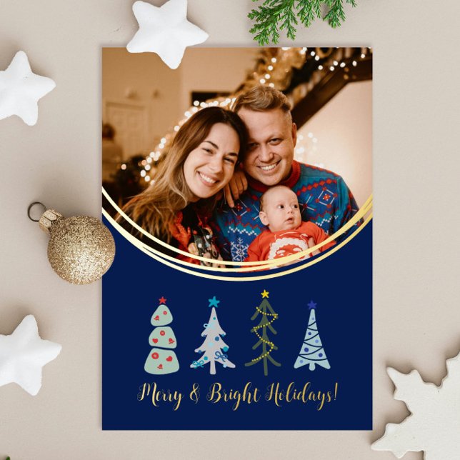 Cute Nordic Christmas trees photo Foil Holiday Card (Navy blue and gold Christmas trees holiday photo card with your image and text)