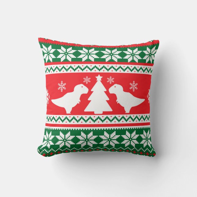 Cute Nordic Fair Isle T-Rex Dinosaurs Sweater Throw Pillow (Front)