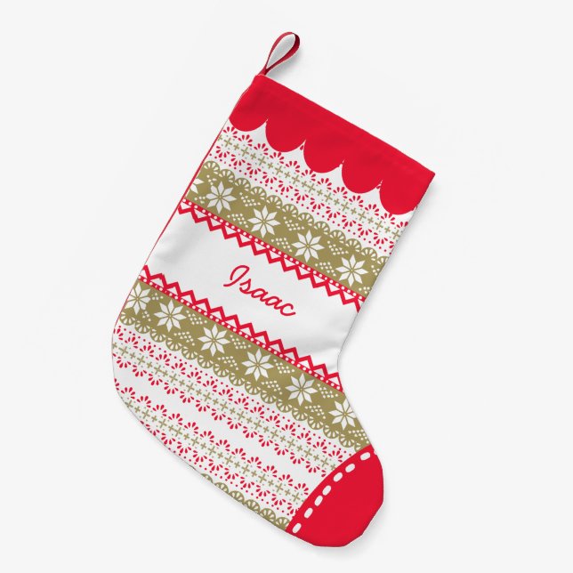 Cute Nordic Folk Holidays Gold Red Pattern Custom Small Christmas Stocking (Front (Hanging))