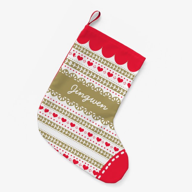 Cute Nordic Folk Holidays Gold Red Pattern Custom Small Christmas Stocking (Front (Hanging))