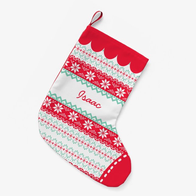 Cute Nordic Folk Holidays Mint Red Pattern Custom Small Christmas Stocking (Front (Hanging))