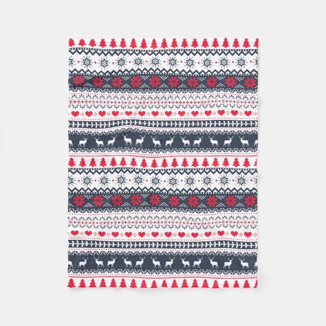 Cute Nordic Folk Holidays Navy Red Pattern Custom Fleece Blanket (Front)