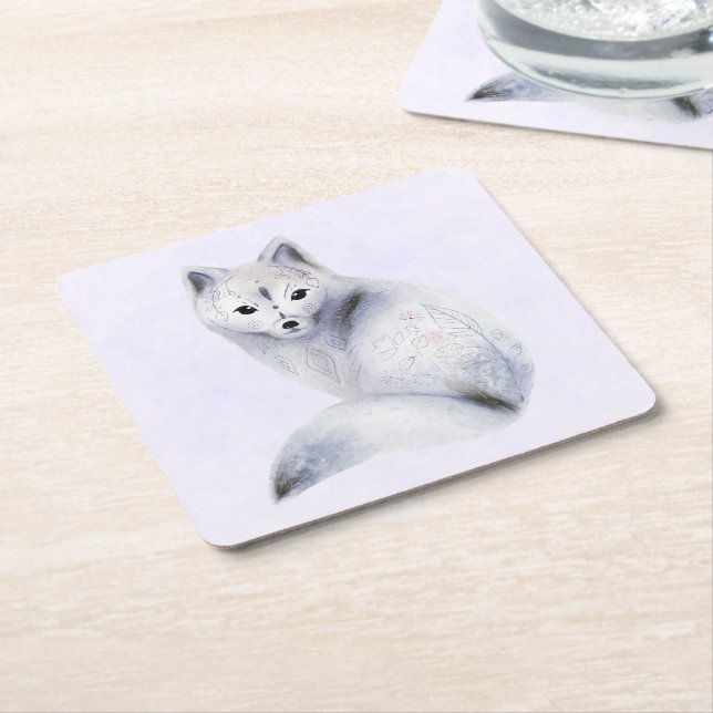 Cute Nordic Fox with Floral Markings Square Paper Coaster (Angled)