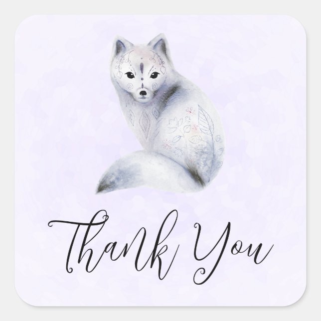 Cute Nordic Fox with Floral Markings Thank You Square Sticker (Front)