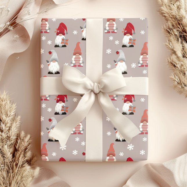 Cute Nordic Gnomes Winter Red Pink Grey White Wrapping Paper (Creator Uploaded)