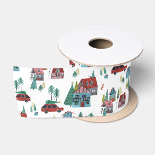 Cute Nordic skating Village Christmas Pattern Satin Ribbon