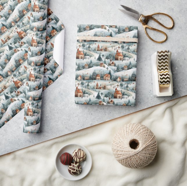 Cute Nordic Winter Village Christmas  Wrapping Paper (Crafts)