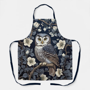Cute Northern Saw-Whet Owl And Moonflowers On Navy Apron