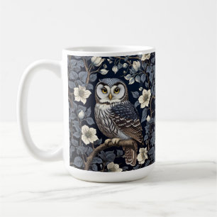 Cute Northern Saw-Whet Owl And Moonflowers On Navy Coffee Mug