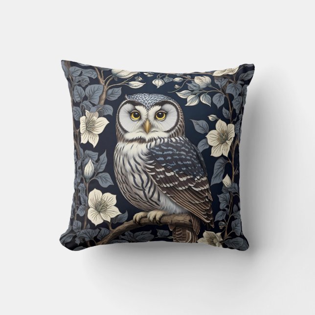 Cute Northern Saw-Whet Owl And Moonflowers On Navy Throw Pillow (Front)