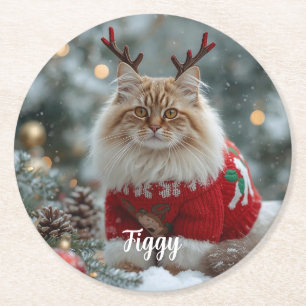Cute Norwegian Forest Cat Christmas Personalized Round Paper Coaster