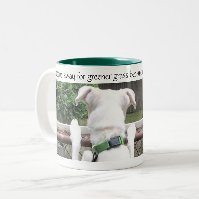 Cute Nosey White Dog Looking at Other Yard's Grass Two-Tone Coffee Mug (Front Left)