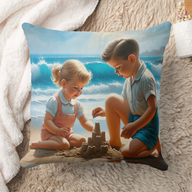 Cute Nostalgic Children at the Beach 50's Era Throw Pillow (Blanket)