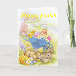 Cute nostalgic vintage easter bunnies holiday card