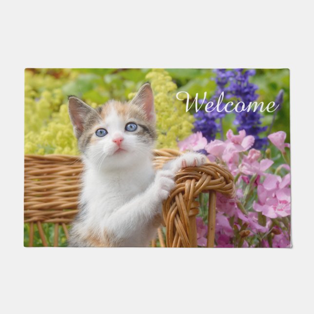 Cute Nosy Baby Cat Kitten in a Flowering Garden Doormat (Front)