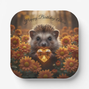 Cute November Hedgehog with Topaz Heart Paper Plate